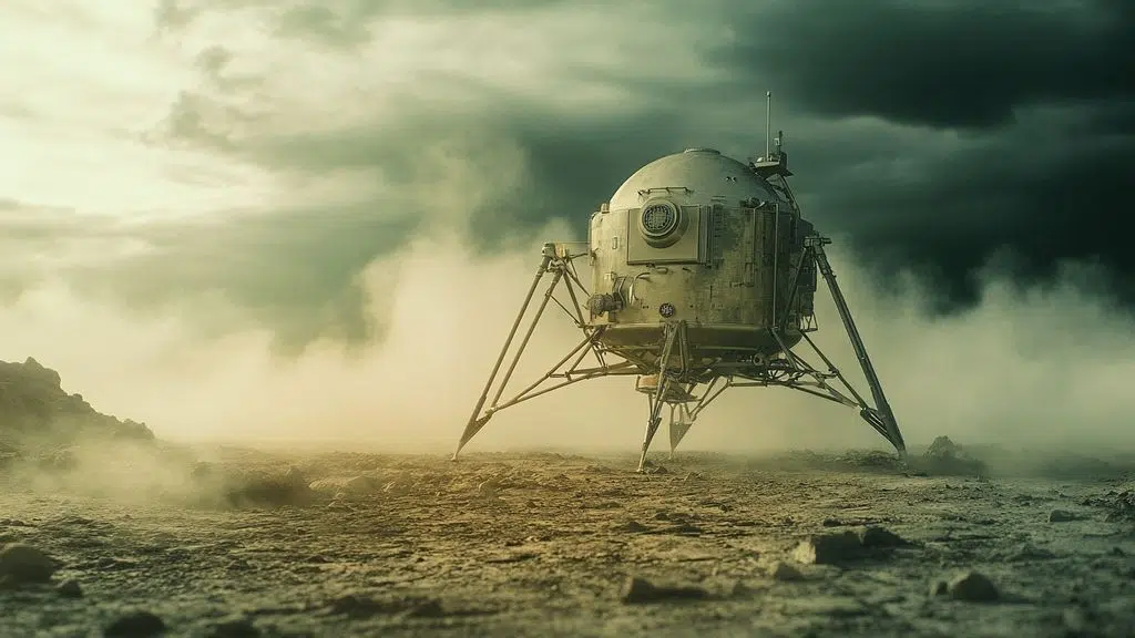 Module d’atterrissage spatial posé sur un sol extraterrestre, entouré de poussière et sous un ciel sombre et nuageux.