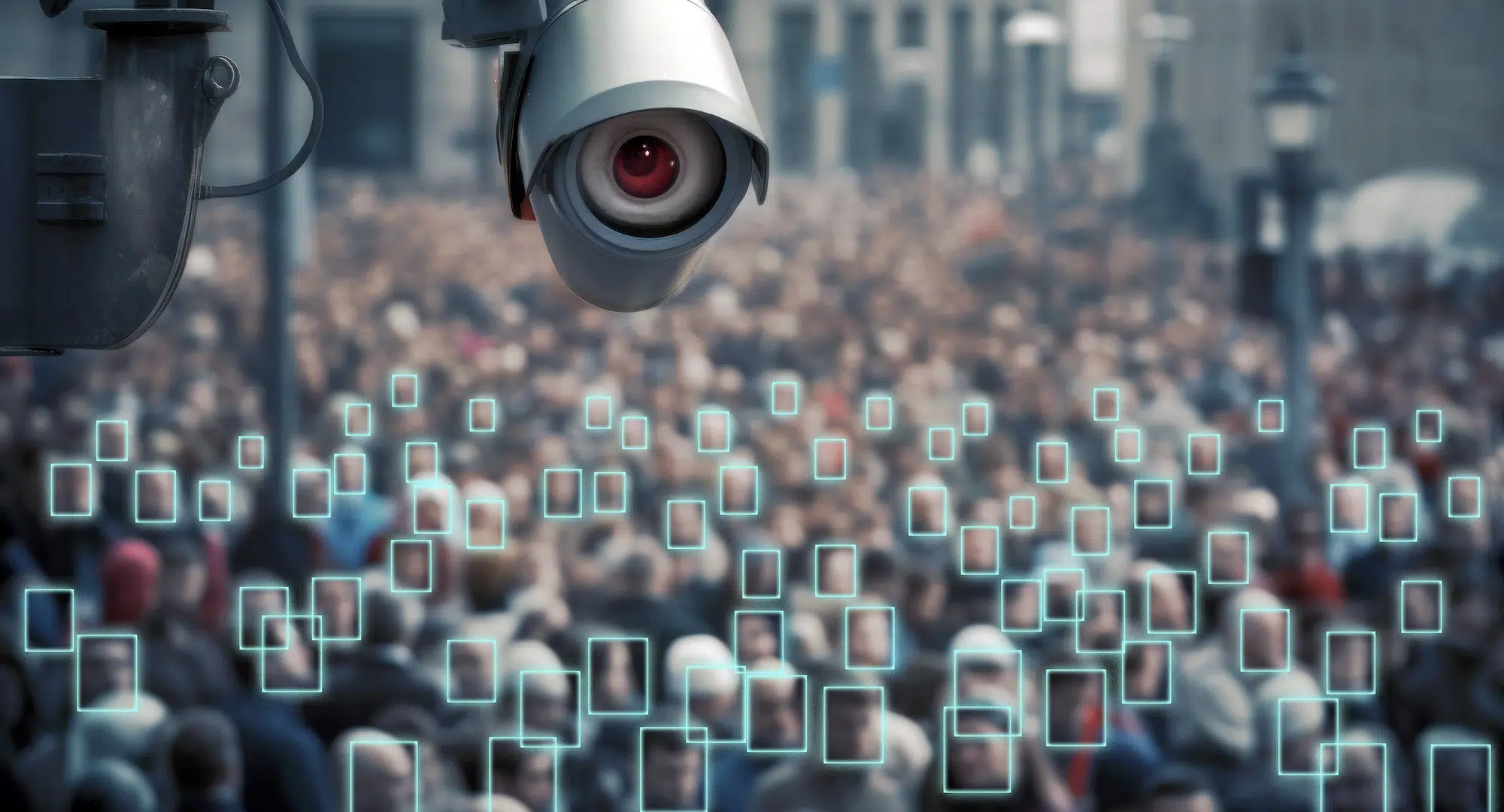Caméra de surveillance intelligente utilisant l’intelligence artificielle pour analyser une foule et détecter des personnes dans un espace public.