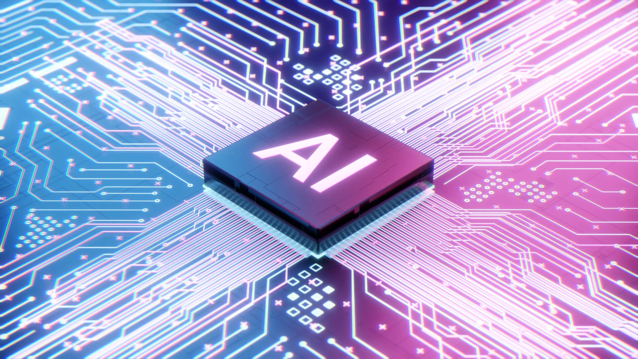 Processeur futuriste avec inscription AI au centre d’un circuit électronique symbolisant l’intelligence artificielle
