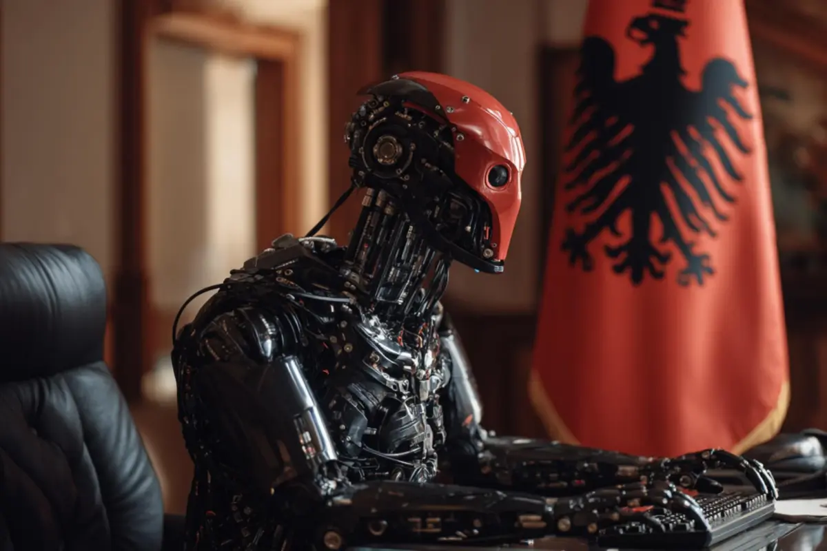 Robot humanoïde représentant l’intelligence artificielle ministre en Albanie, devant le drapeau albanais.