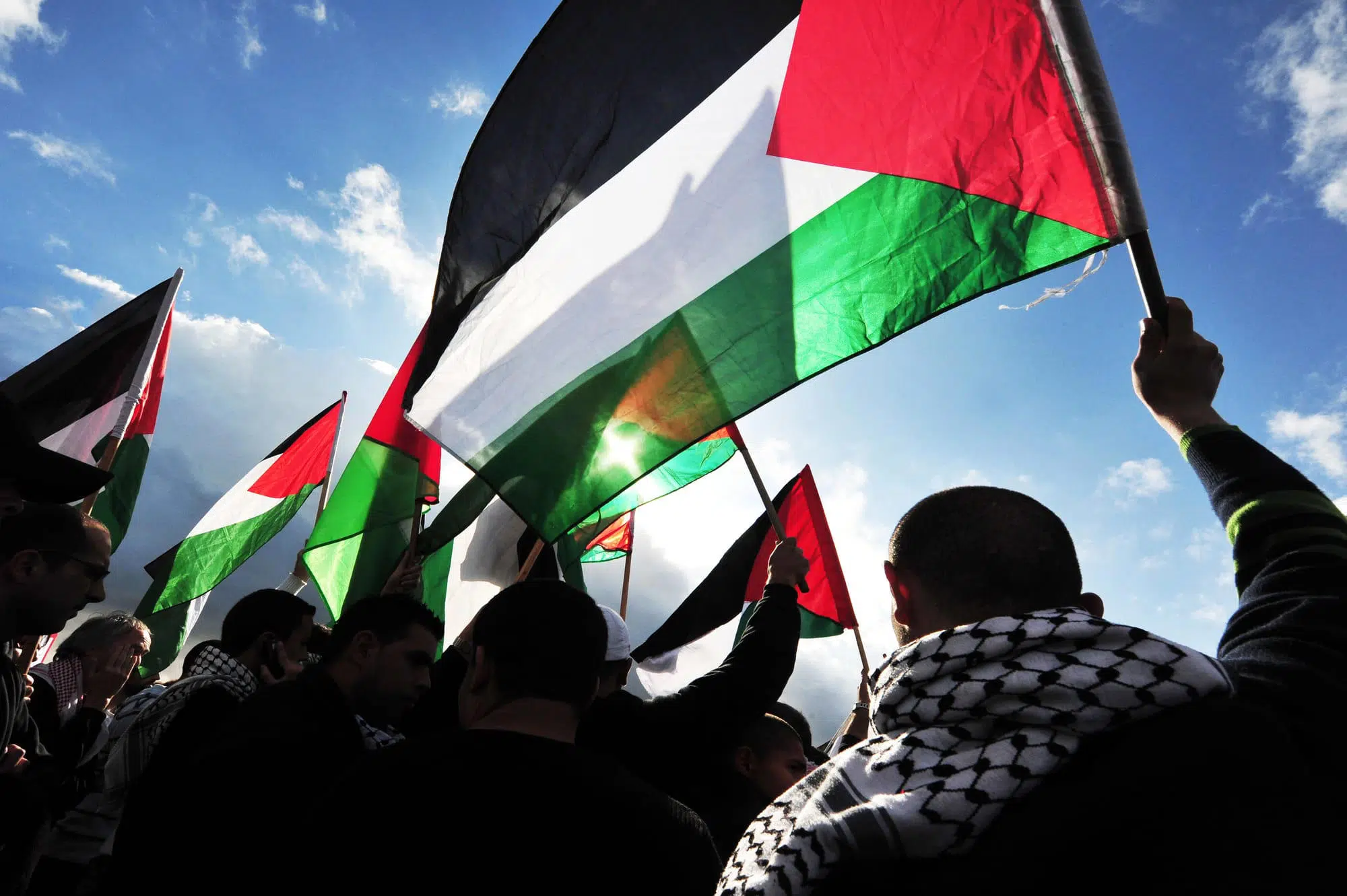 Manifestation avec des drapeaux palestiniens lors d’un rassemblement en soutien à la reconnaissance de l’État de Palestine.