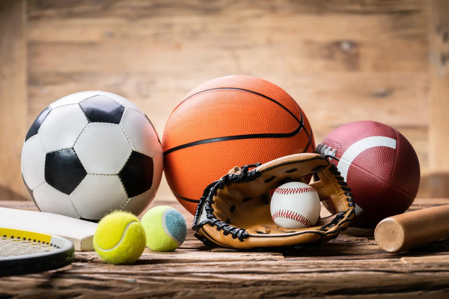 Ballons de football, basketball, football américain, balle de baseball et balles de tennis représentant différents sports populaires.