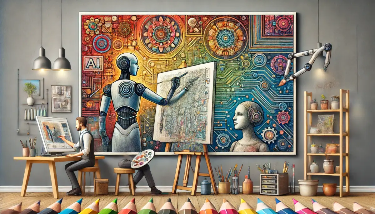 Intelligence artificielle créant de l'art : robot humanoïde peignant sur toile dans un atelier artistique avec œuvre murale colorée représentant l'IA et la créativité