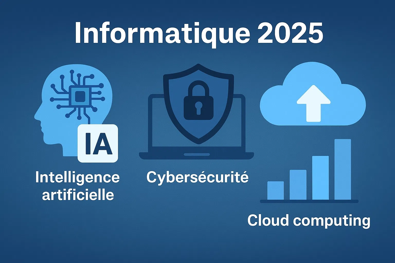 Illustration des tendances informatiques 2025 : intelligence artificielle, cybersécurité et cloud computing.