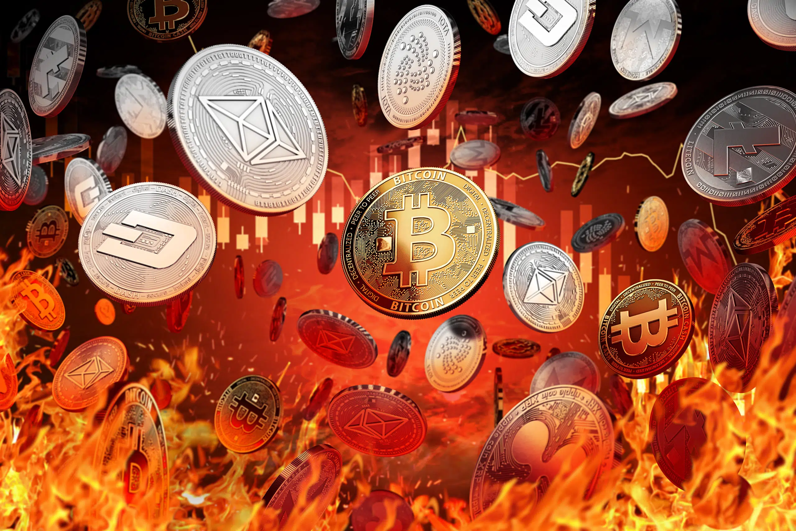Effondrement du marché des cryptomonnaies en octobre 2025, avec Bitcoin, Ethereum et d’autres devises virtuelles en chute libre sur fond de graphique rouge et de flammes symbolisant la panique financière.