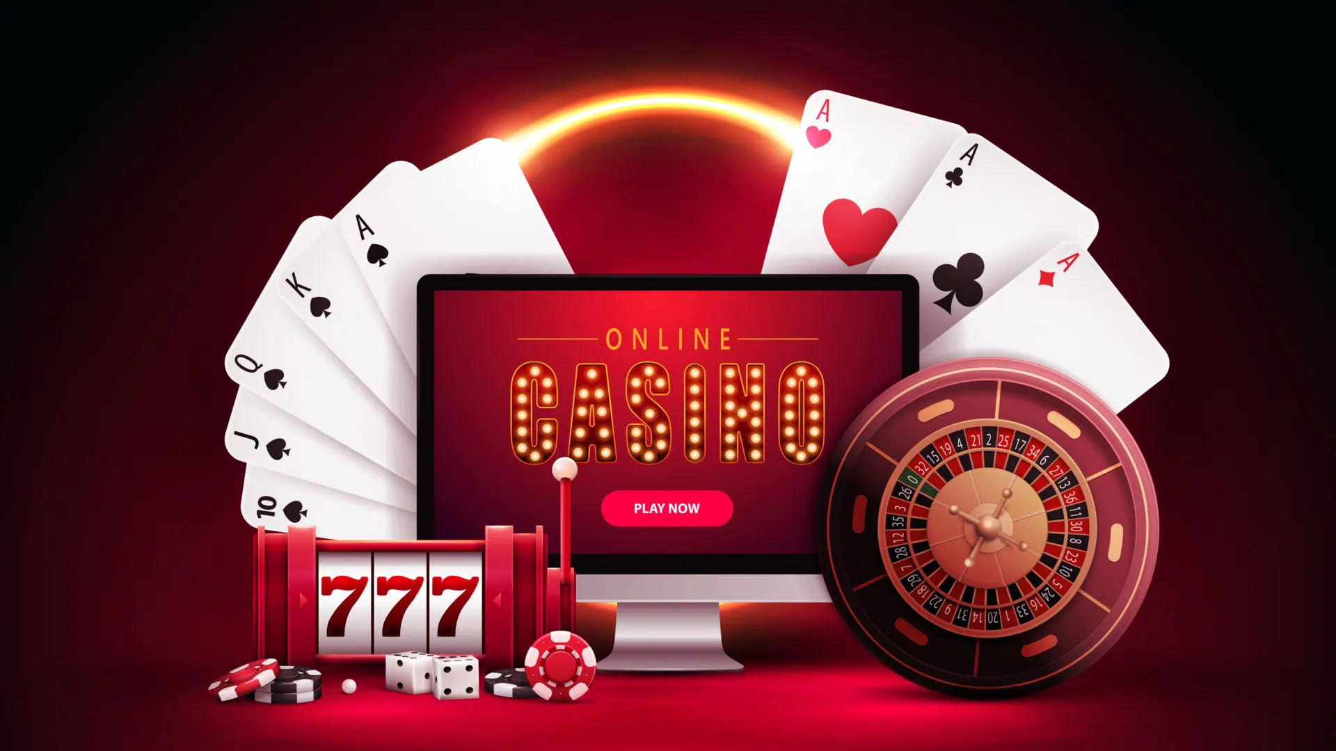 Illustration d’un casino en ligne avec écran, cartes, roulette et machine à sous — symboles de jeux d’argent virtuels.