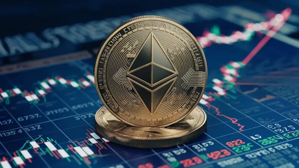 Pièce Ethereum posée sur un graphique financier avec des indicateurs de prix et des bougies japonaises représentant la volatilité du marché des crypto-monnaies