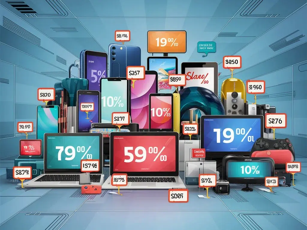 Sélection de produits high-tech en promotion comprenant smartphones, ordinateurs portables, tablettes et accessoires avec affichage de prix réduits.