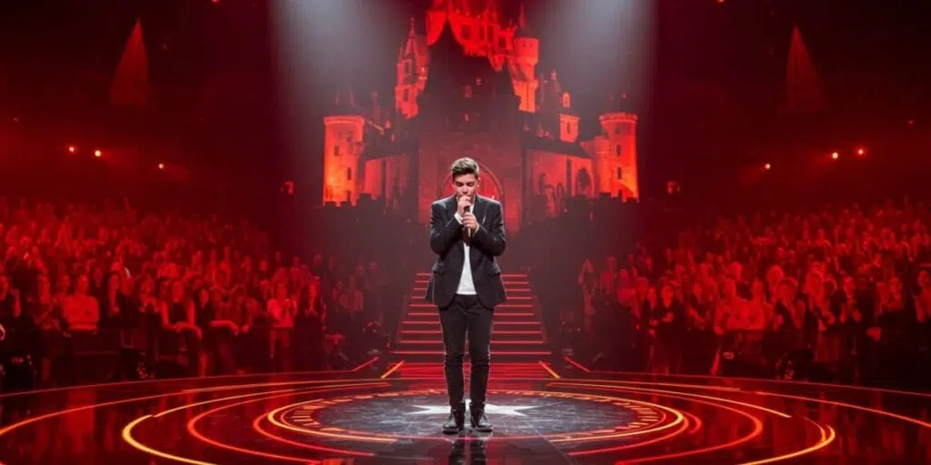 Un candidat de la Star Academy chante sur scène sous des lumières rouges, devant un public et un décor de château illuminé.
