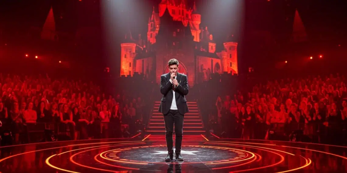 Un candidat de la Star Academy chante sur scène sous des lumières rouges, devant un public et un décor de château illuminé.