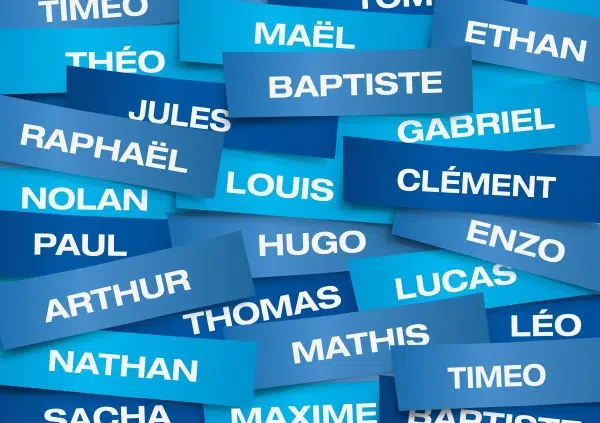 Image représentant un ensemble de prénoms masculins populaires affichés sur des étiquettes bleues.
