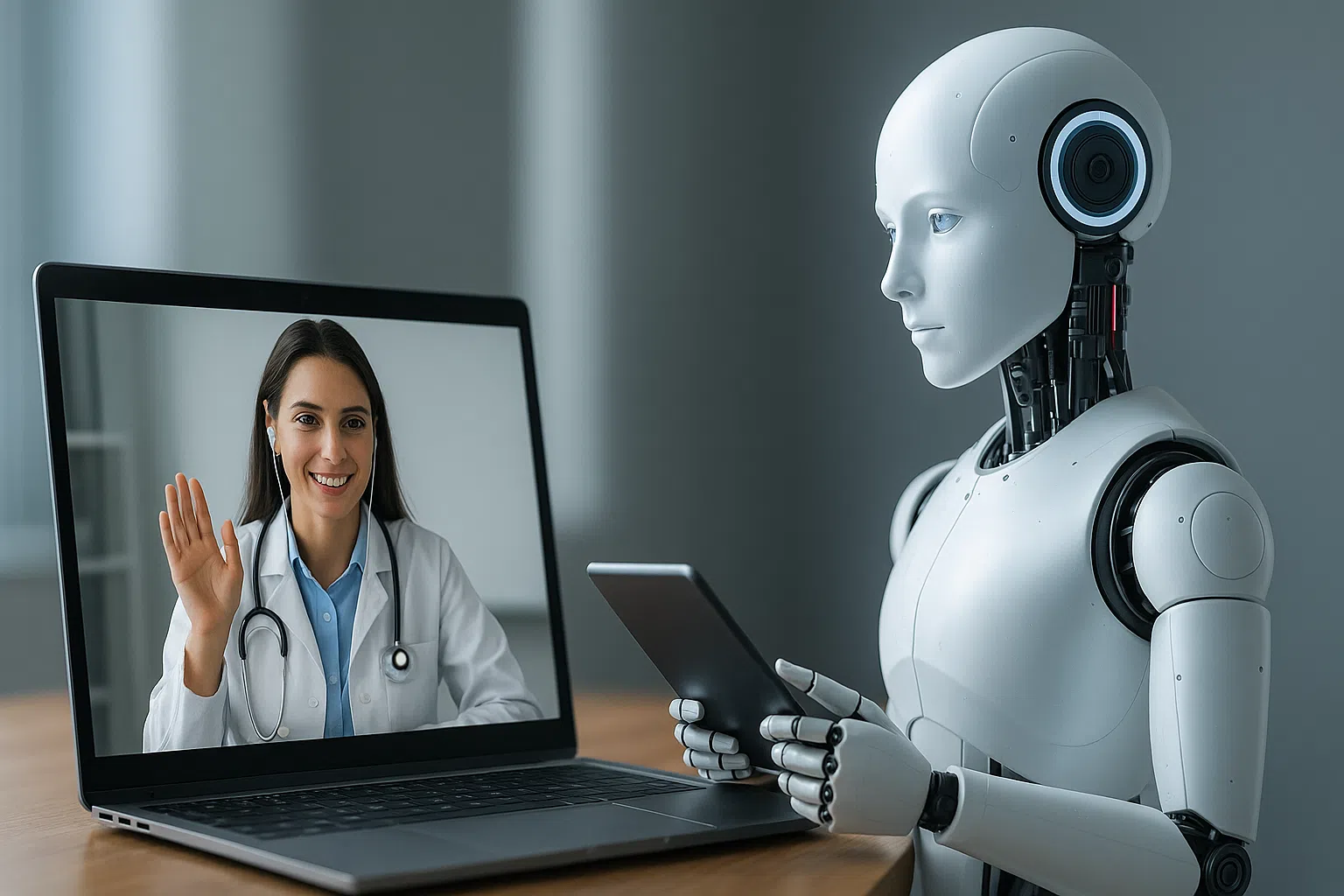 Robot humanoïde interagissant avec un ordinateur affichant un médecin en téléconsultation, illustrant l’intégration de l’IA dans les soins à distance.