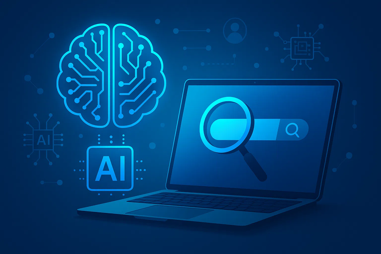 Illustration montrant un ordinateur portable et une icône de cerveau artificiel, symbolisant l’intelligence artificielle qui transforme la recherche en ligne.