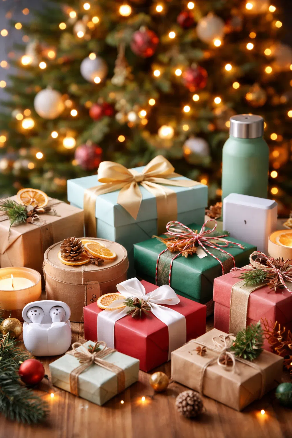 Cadeaux de Noël 2025 emballés et posés au pied d’un sapin décoré, avec paquets durables et ambiance festive.