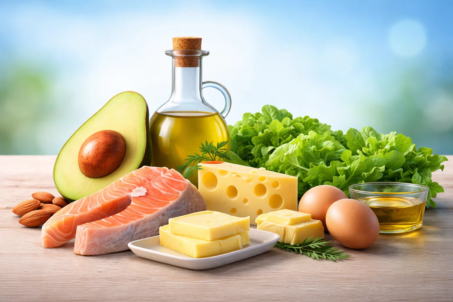 Aliments compatibles avec le régime cétogène disposés sur une table en bois, avec avocat, saumon, œufs, fromage et huile d’olive.