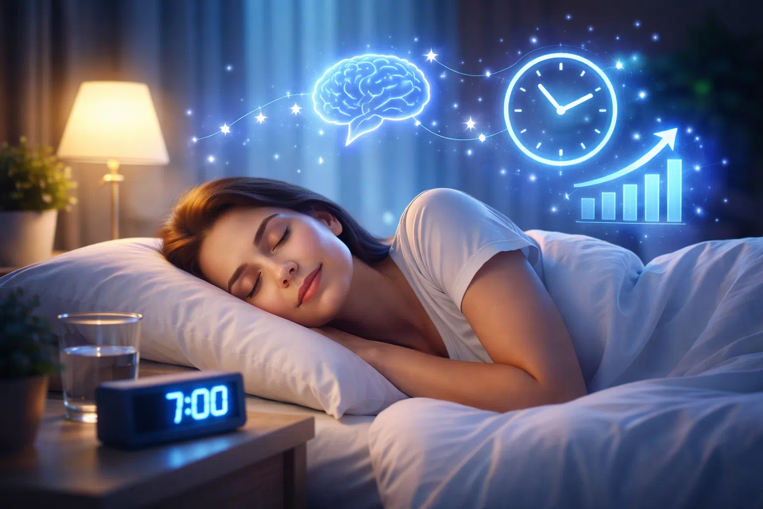 Personne dormant paisiblement dans une chambre sombre, illustrant l’impact du sommeil sur la concentration et la performance.