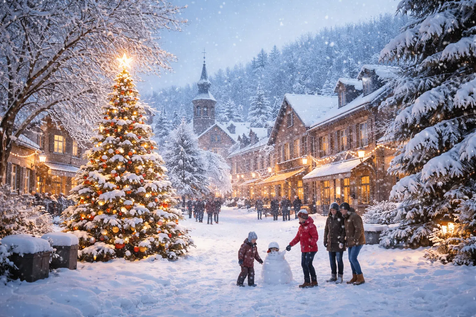 Village enneigé à Noël avec un grand sapin illuminé, des familles qui jouent dans la neige et des façades décorées sous les flocons.