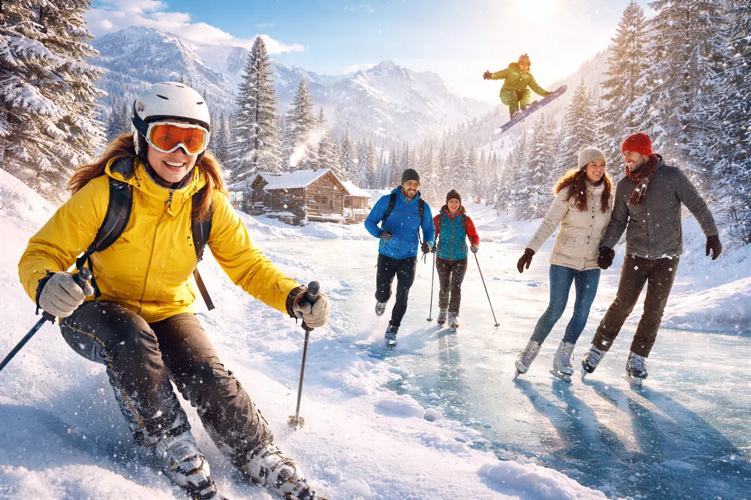 Personnes faisant du sport en hiver sur la neige, ski, patinage et randonnée dans un paysage de montagne enneigé