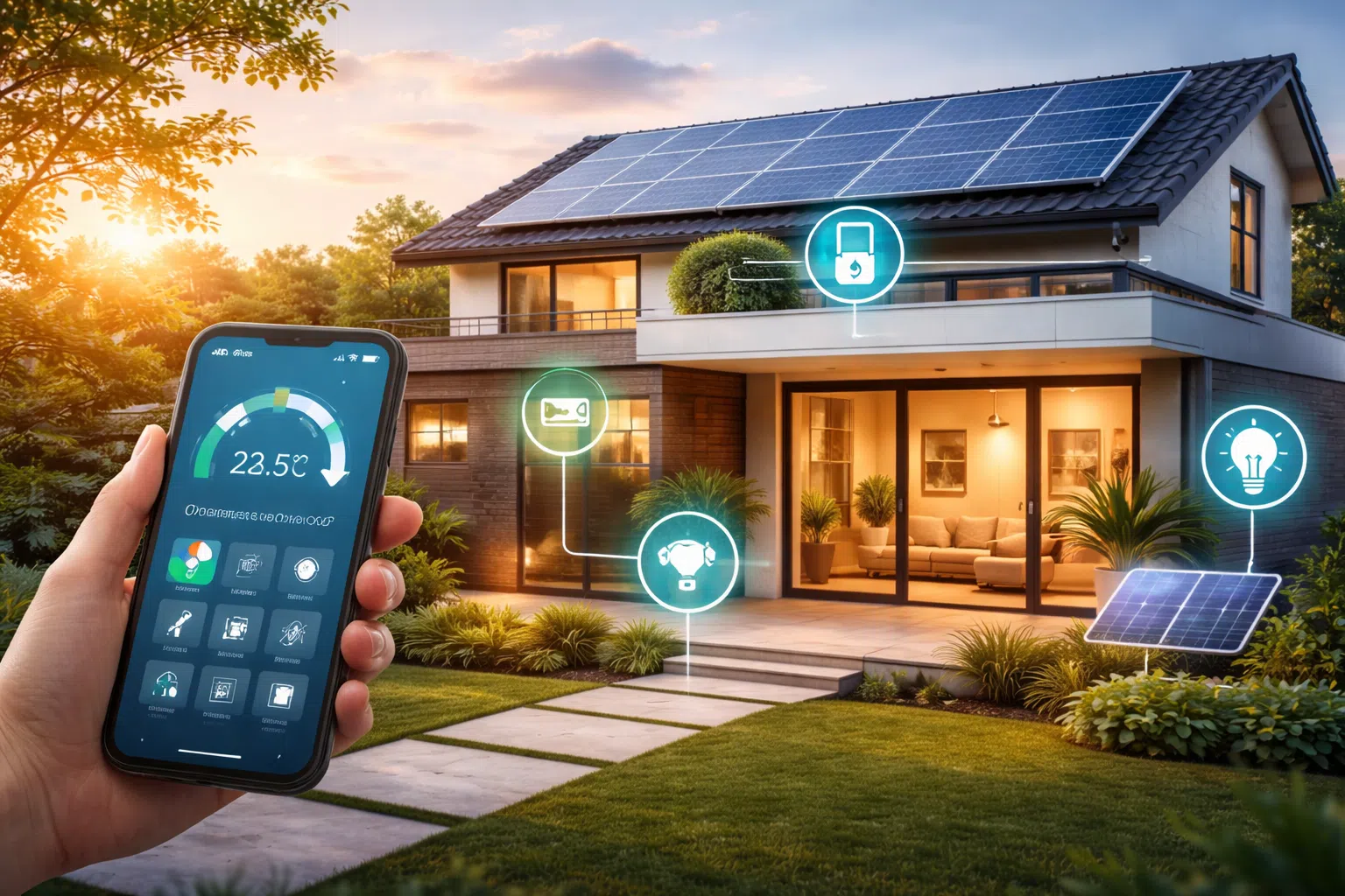Maison moderne équipée de panneaux solaires, contrôlée via une application domotique sur smartphone, illustrant l’optimisation énergétique par l’IA.