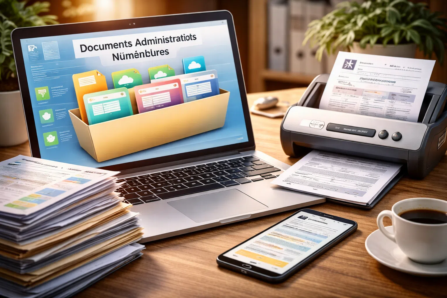 Bureau moderne avec un ordinateur et un smartphone affichant des documents administratifs numériques, à côté d’une pile de papiers et d’un scanner en fonctionnement.
