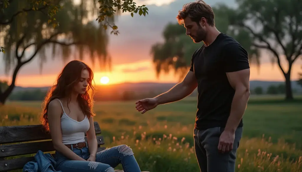 Un couple en pleine discussion lors d’un coucher de soleil, montrant une scène émotionnelle de rupture ou de tension.