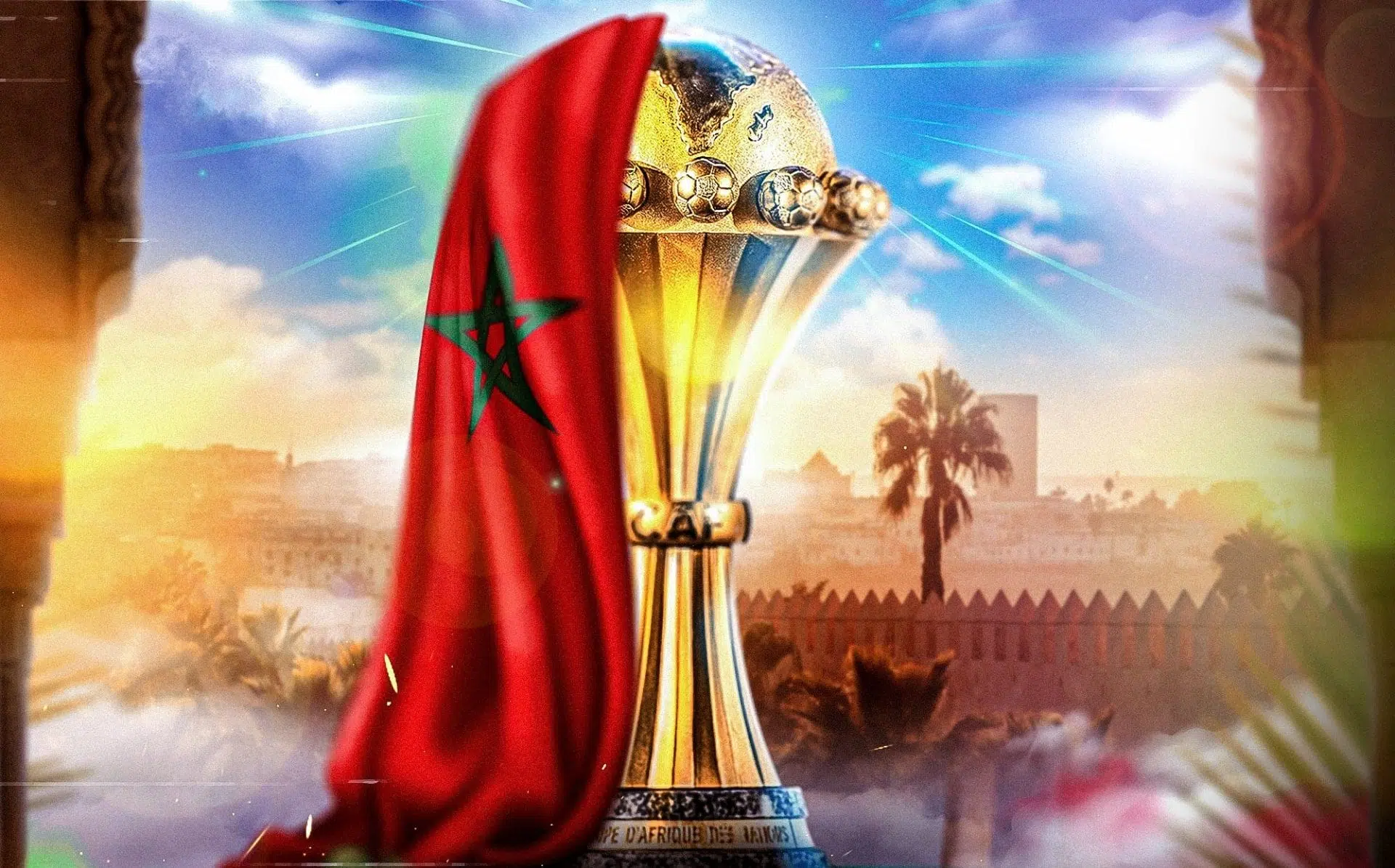 Trophée de la Coupe d’Afrique des Nations devant un paysage marocain avec le drapeau du Maroc.