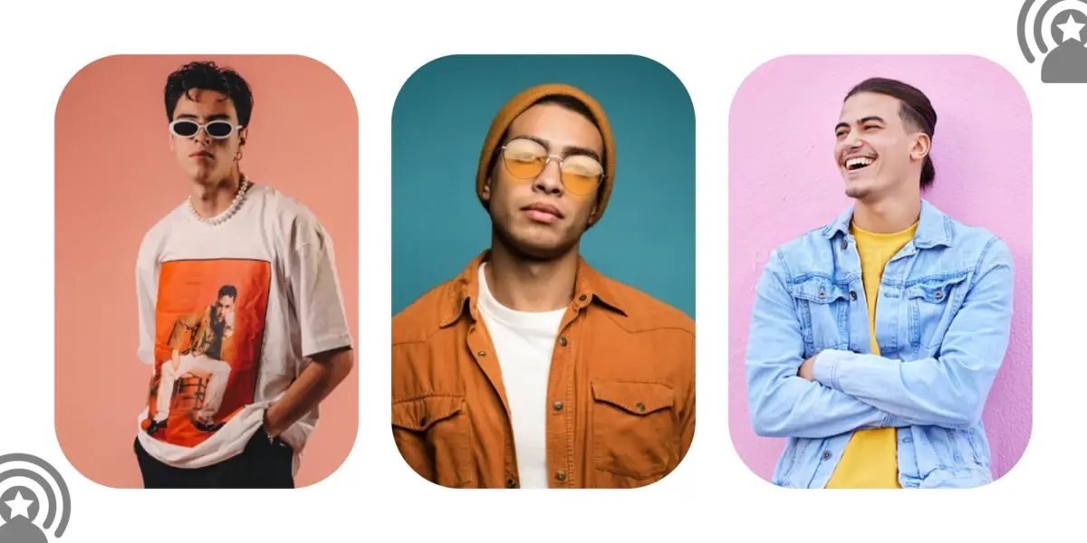 Portraits de trois jeunes hommes stylés posant devant des fonds colorés, illustrant l’univers visuel moderne des influenceurs en 2025.