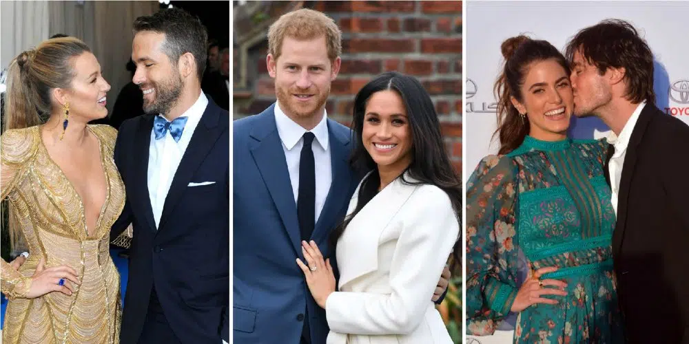 Montage de trois couples célèbres posant ensemble lors d’événements publics, illustrant l’univers des relations et rumeurs de célébrités à Hollywood.