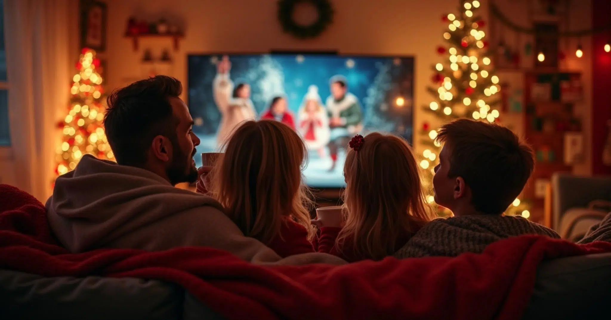 Famille regardant un film de Noël ensemble dans un salon décoré avec un sapin illuminé
