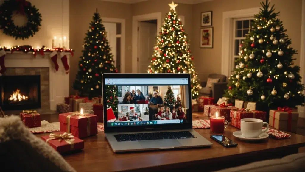 Ordinateur portable affichant un appel vidéo familial dans un salon décoré pour Noël, entouré de cadeaux et de sapins illuminés.