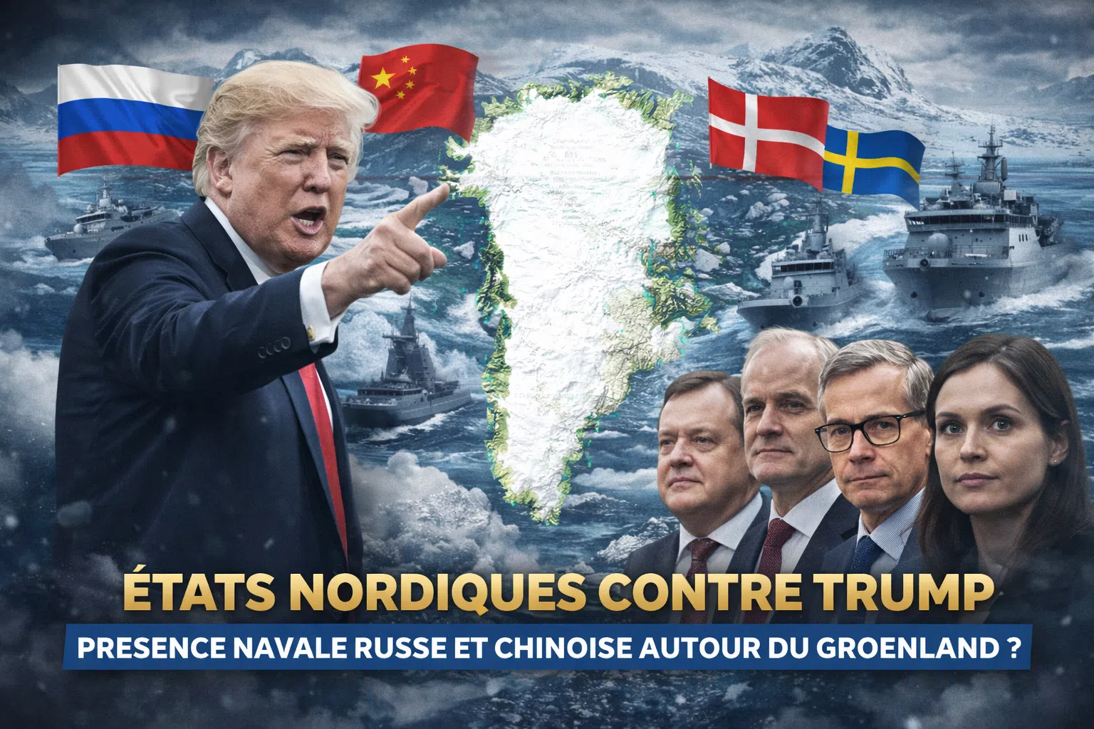 Illustration de presse montrant Donald Trump face aux dirigeants nordiques, avec le Groenland au centre et des navires militaires en arrière-plan, symbolisant les tensions autour d’une supposée présence navale russe et chinoise dans l’Arctique.