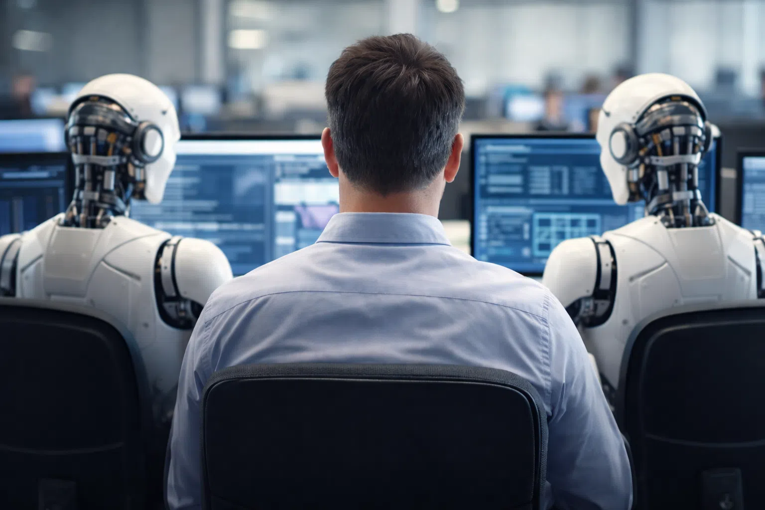 Un employé de bureau vu de dos travaille devant des écrans informatiques, assis entre deux robots humanoïdes dans un environnement professionnel moderne.