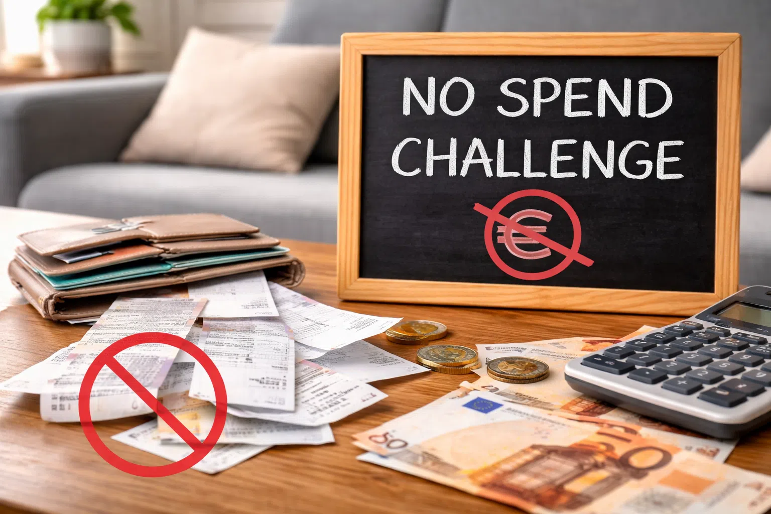 Table avec portefeuille, reçus, billets en euros et panneau “No Spend Challenge”, illustrant une tentative de réduction des dépenses.
