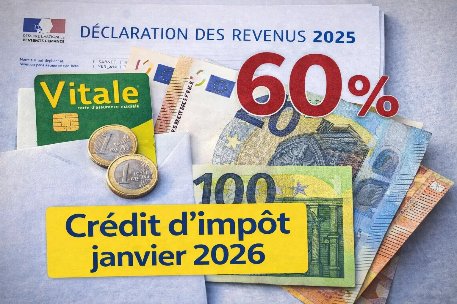Documents fiscaux, billets et pièces en euros avec une calculatrice, illustrant le versement de l’avance de 60% des crédits d’impôt en janvier 2026.