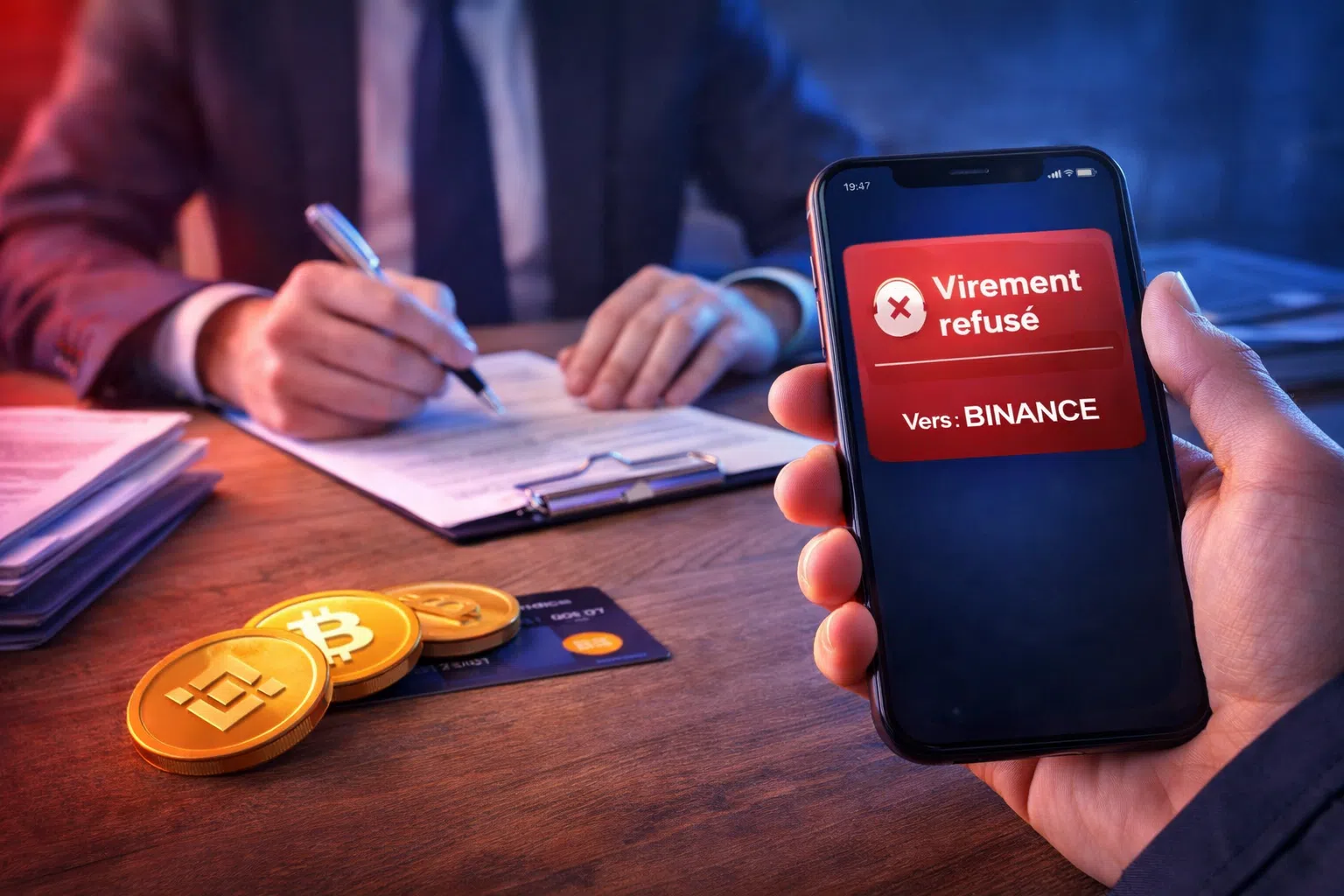 Smartphone affichant “Virement refusé” vers une plateforme crypto, avec des documents bancaires et des pièces de cryptomonnaie sur un bureau, illustrant un blocage de virement.