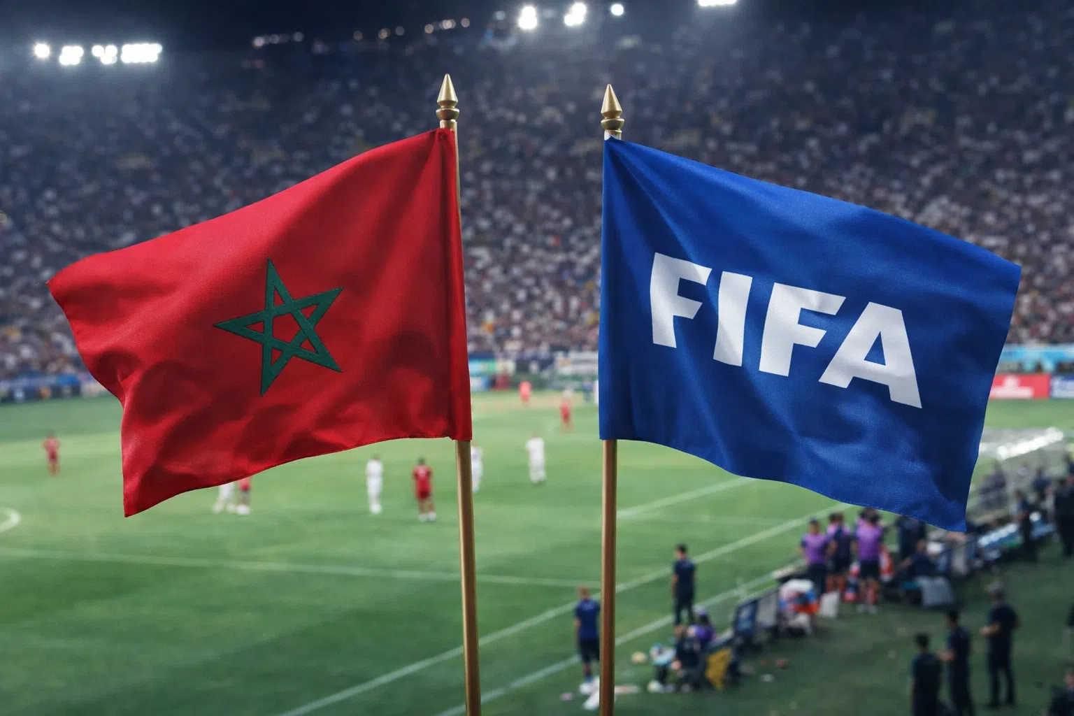 Drapeau du Maroc et drapeau de la FIFA dans un stade, avec un match flouté en arrière-plan, illustrant le débat sur une éventuelle sanction.