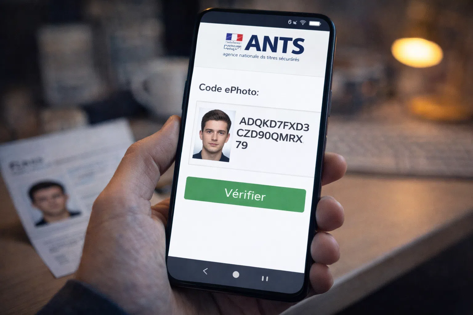 Main tenant un smartphone affichant une page de vérification ePhoto avec une photo d’identité, illustrant l’utilisation d’un code ePhoto pour une démarche ANTS.
