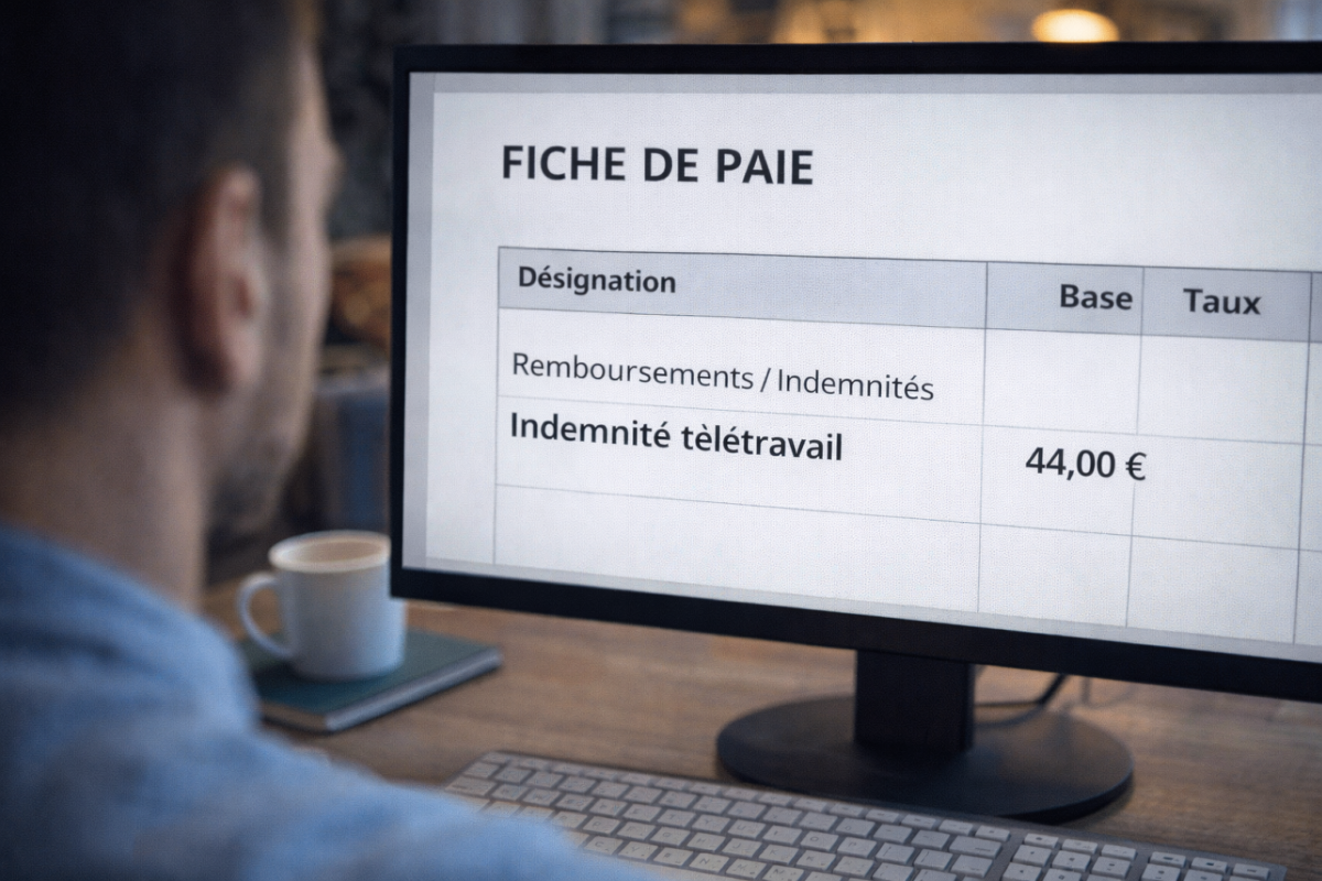 Personne en télétravail devant un écran affichant une fiche de paie, avec une ligne « indemnité télétravail », illustrant le remboursement des frais.