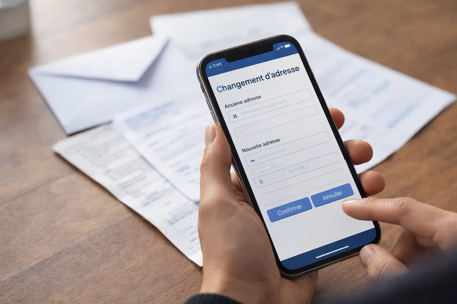 Personne effectuant un changement d’adresse en ligne sur un smartphone avec des documents administratifs.