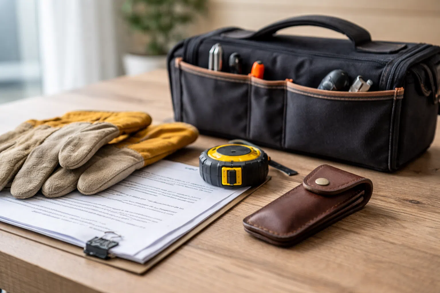 Outils de travail et couteau pliant fermé dans un étui, illustration du “motif légitime”.