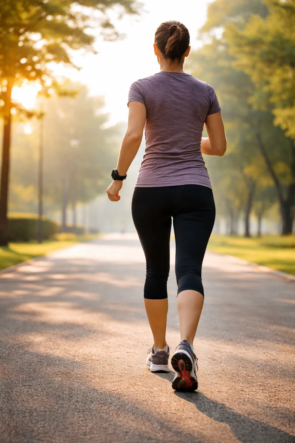 Personne en marche rapide dans un parc, activité simple pour perdre du ventre.