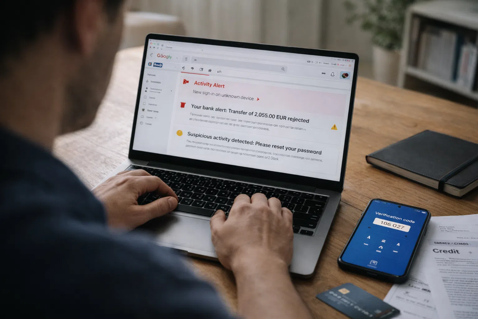 Ordinateur et smartphone affichant des alertes de sécurité, symbolisant une usurpation d’identité.