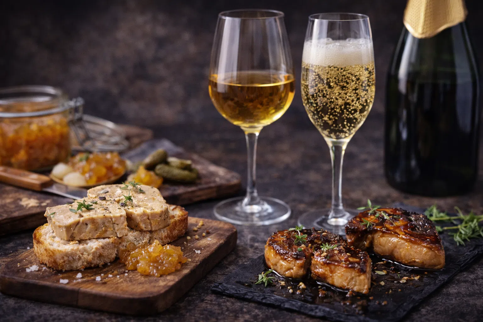 Foie gras en terrine et foie gras poêlé servis avec un verre de vin moelleux et une coupe de Champagne pour illustrer quel vin choisir.