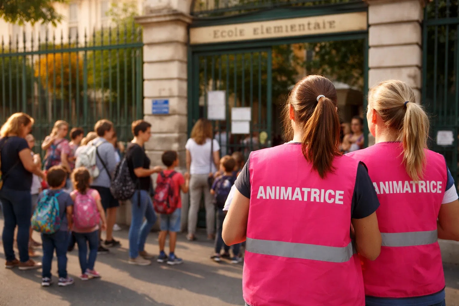 Parents et enfants devant une école à Paris, avec des animatrices du périscolaire à l’entrée.
