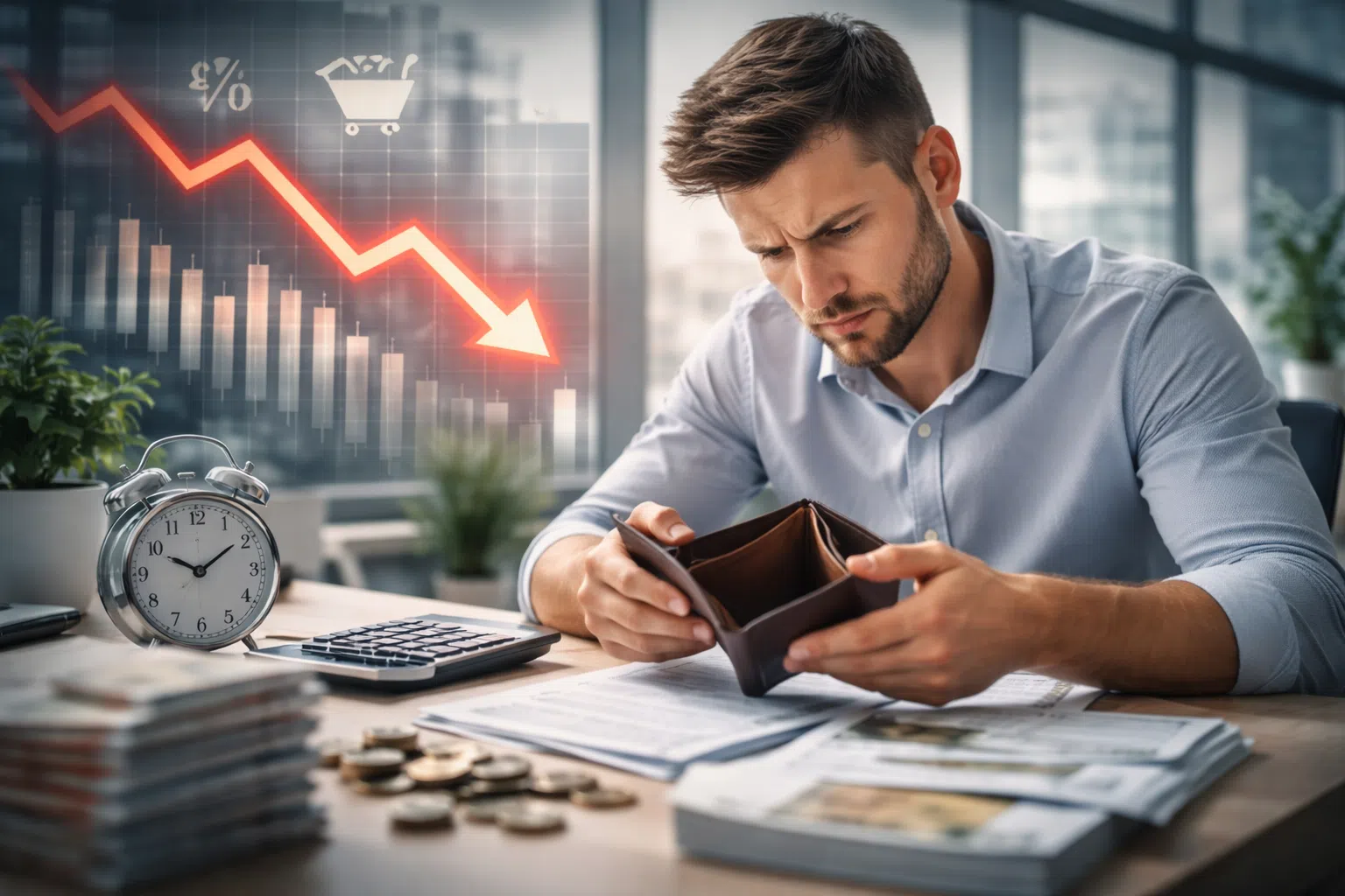 Salarié regardant un portefeuille presque vide devant des factures et un graphique en baisse, illustrant la stagnation des salaires malgré la reprise économique