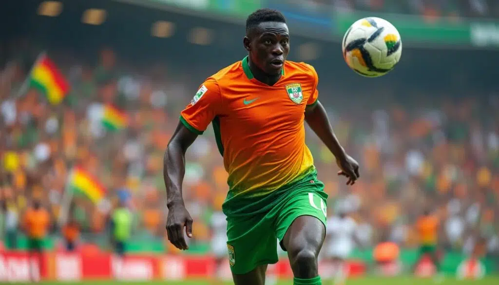 Joueur de football africain en action lors d’un match de la CAN, illustrant l’intensité et le niveau élevé de la compétition