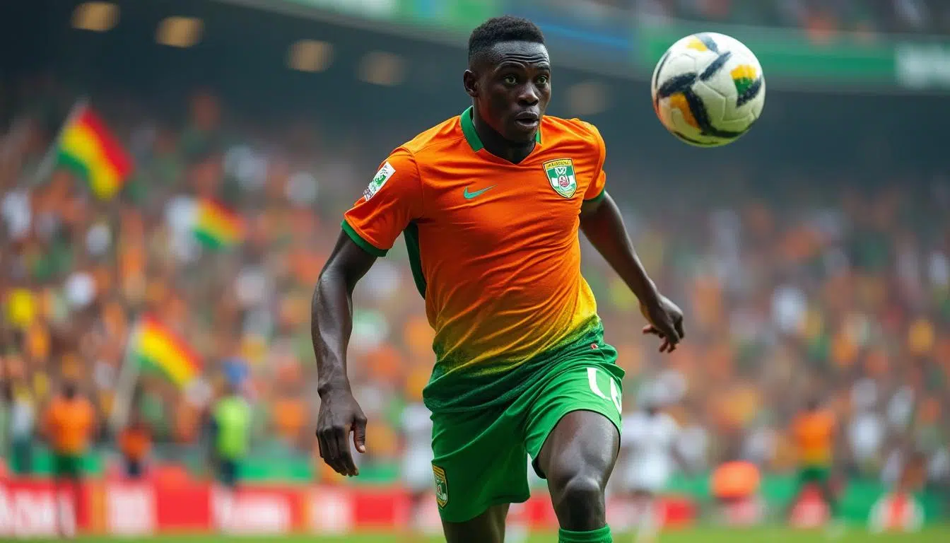 Joueur de football africain en action lors d’un match de la CAN, illustrant l’intensité et le niveau élevé de la compétition