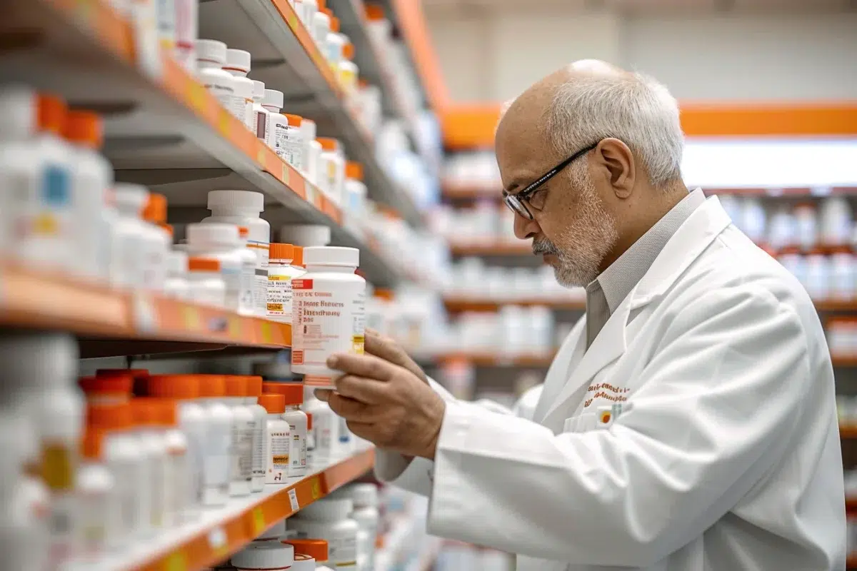 Pharmacien examinant un flacon de médicaments devant des rayons presque vides, illustrant les tensions et pénuries de médicaments en pharmacie en France.