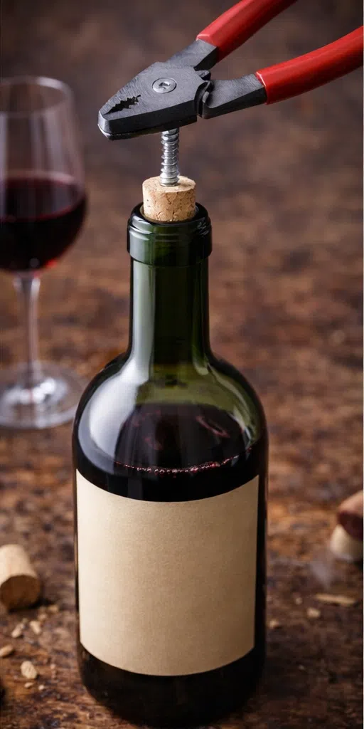 Vis plantée dans le bouchon d’une bouteille de vin, retiré à l’aide d’une pince pour ouvrir sans tire-bouchon.