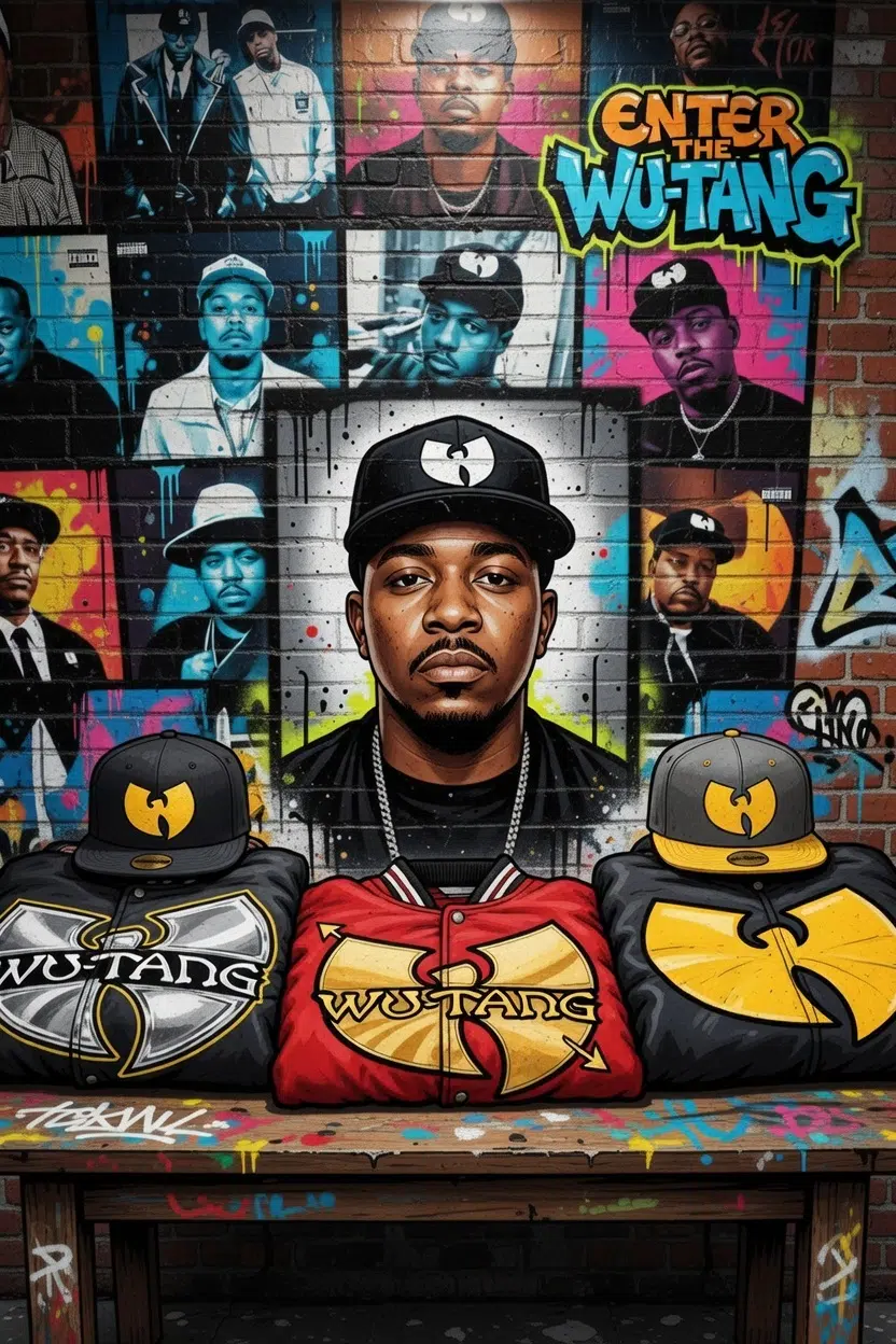 Hommage visuel Wu-Tang Clan après décès Oliver Power Grant cofondateur producteur exécutif avec merchandising Wu Wear casquettes logo iconique et membres du groupe sur fresque Enter the Wu-Tang 36 Chambers